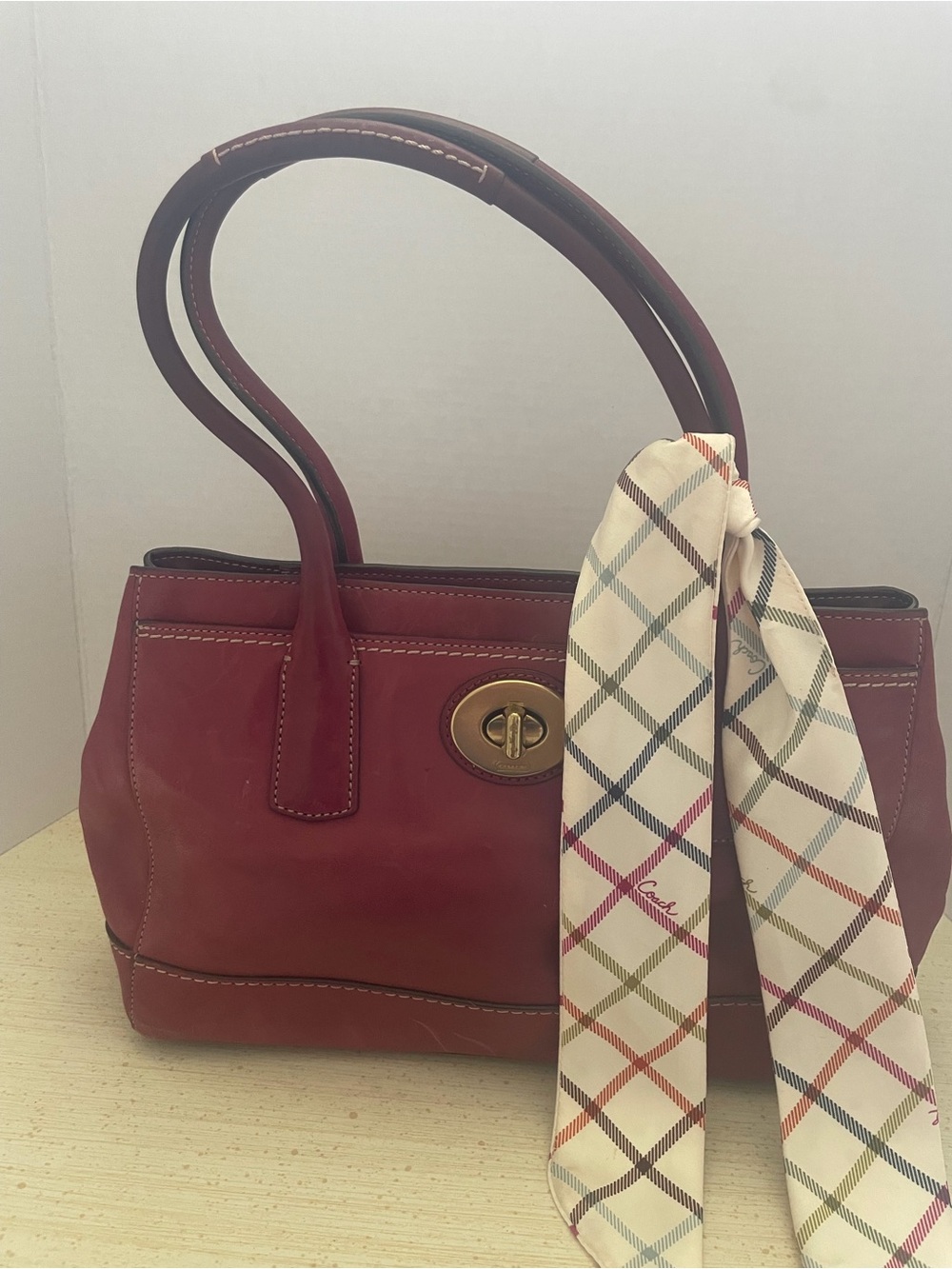 Vintage Coach Red Leather Shoulder Bag with Silk Scarf Accent